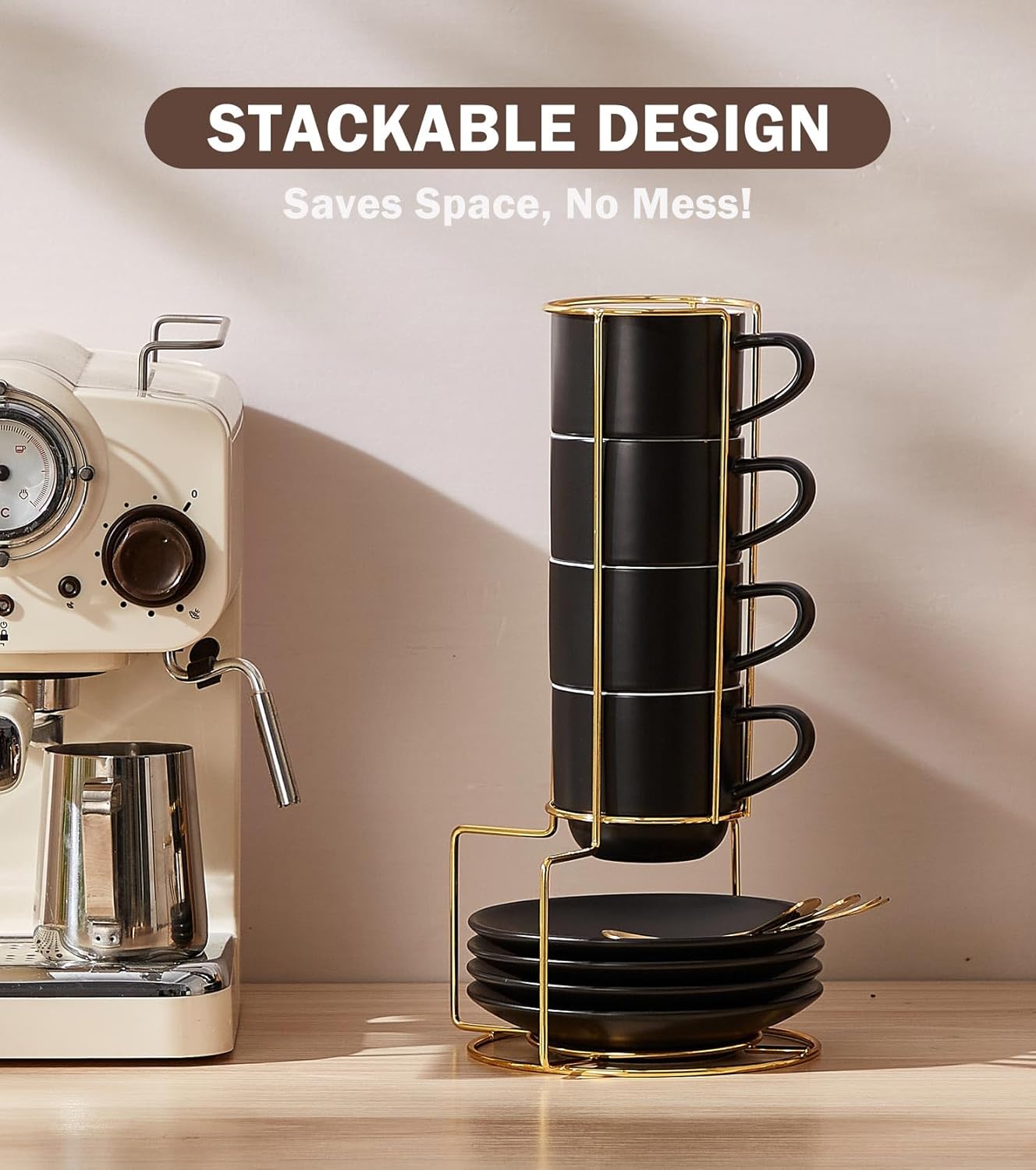 Lareina 8 Ounce Porcelain Cappuccino Cups Set of 4, Stackable Coffee Cups with Saucers, Spoons and Metal Stand -for Specialty Coffee Drinks, Cappuccino, Latte, Americano and Tea, Black