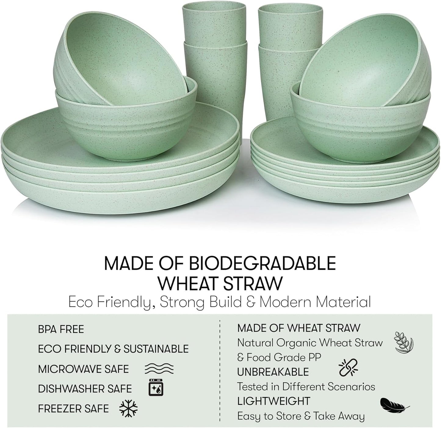 Wheat Straw Dinnerware Sets | Unbreakable Dinnerware Sets | Dishwasher Microwave Safe Dinnerware | Eco Friendly Non Breakable Dinnerware Sets | RV Outdoor Camping (Green, Service for 4 (16 pcs))