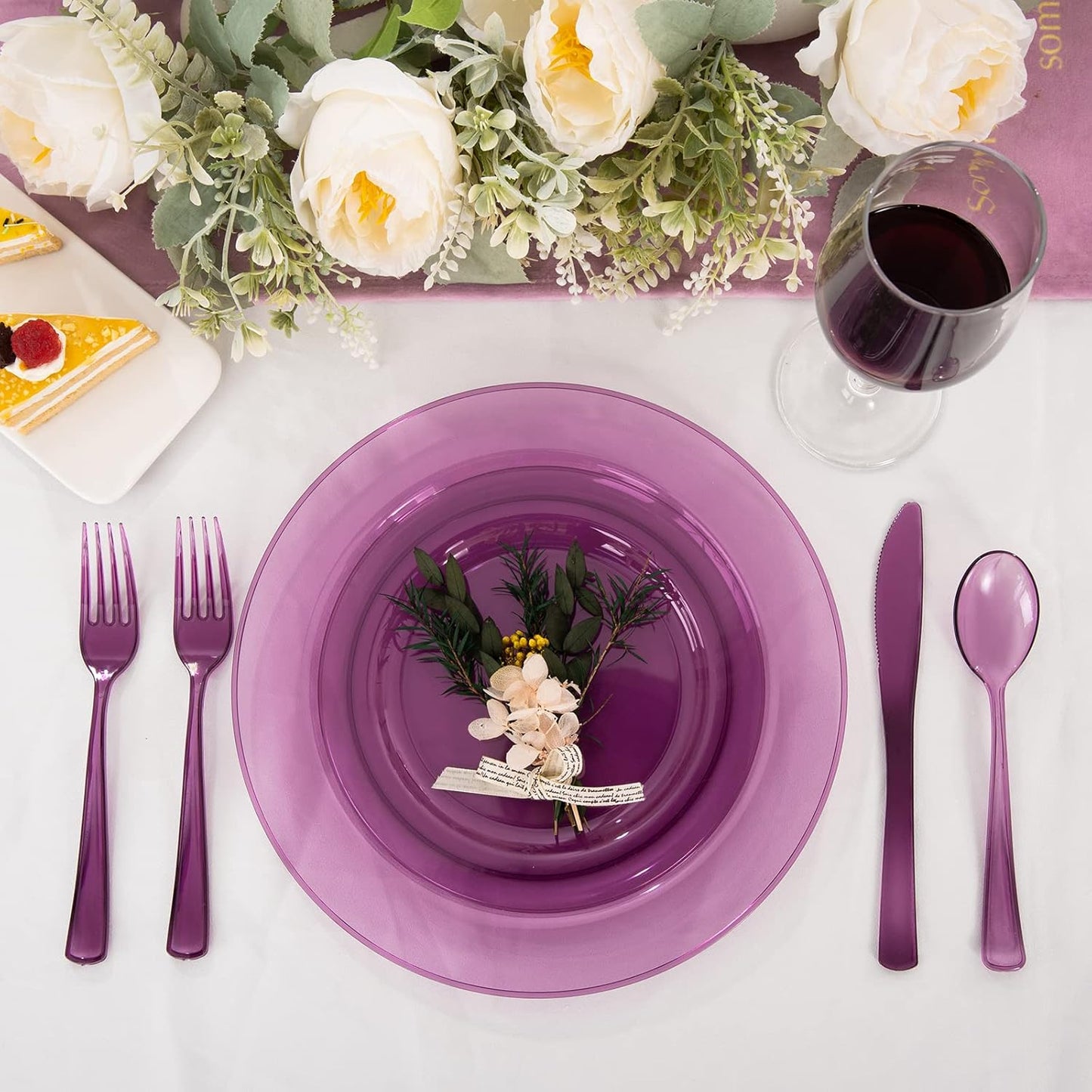 WDF 25 Guest Purple Plastic Plates with Disposable Silverware & Plastic Cups include 25 Neon Clear Purple Dinner & Salad Plates,25Forks, 25Knives,25 Spoons,25Cups for Party