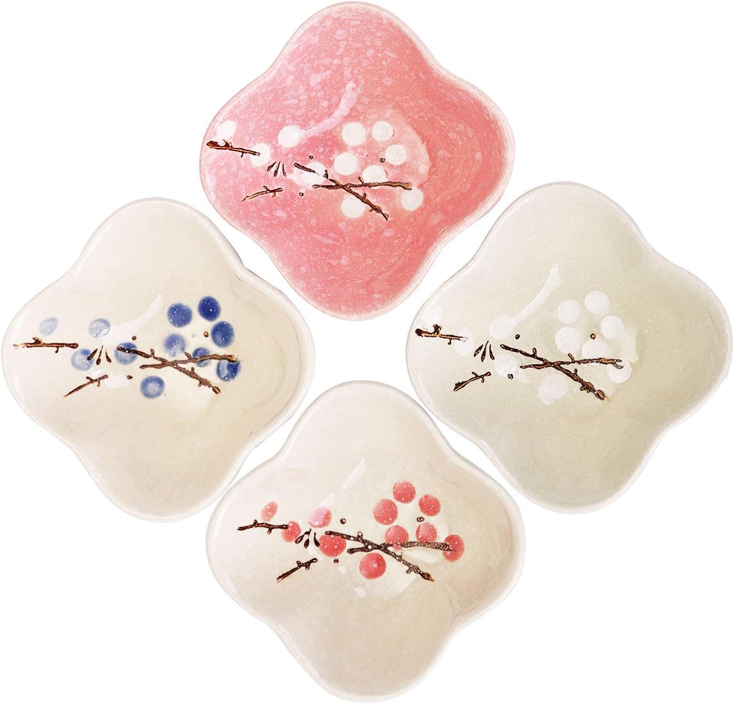 VanEnjoy Ceramic Japanese Dipping Bowl Soy Sauce Seasoning Dishes Soy Dipping Sauce Dishes set of 4, Floral pattern with Flower shape (leaves) (flower)