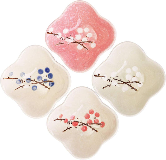 VanEnjoy Ceramic Japanese Dipping Bowl Soy Sauce Seasoning Dishes Soy Dipping Sauce Dishes set of 4, Floral pattern with Flower shape (leaves) (flower)
