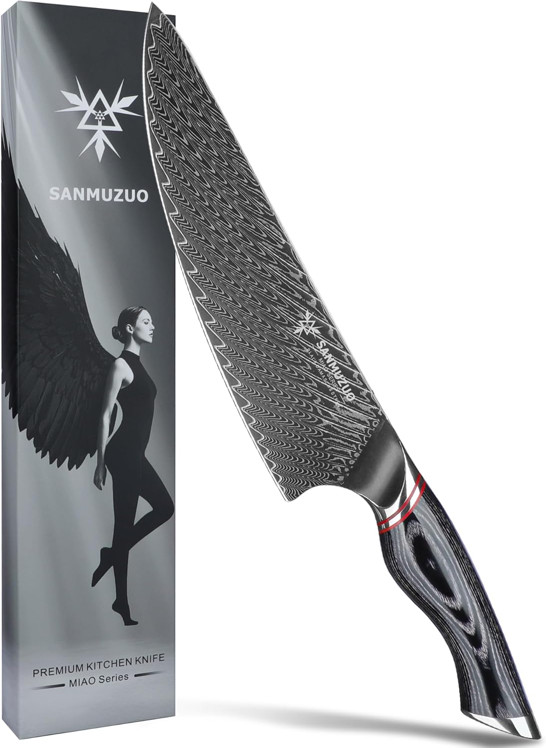 Chef Knife 8 Inch - Professional Japanese Kitchen Knife - Black Damascus Steel with Ergonomic Handle - MIAO Series