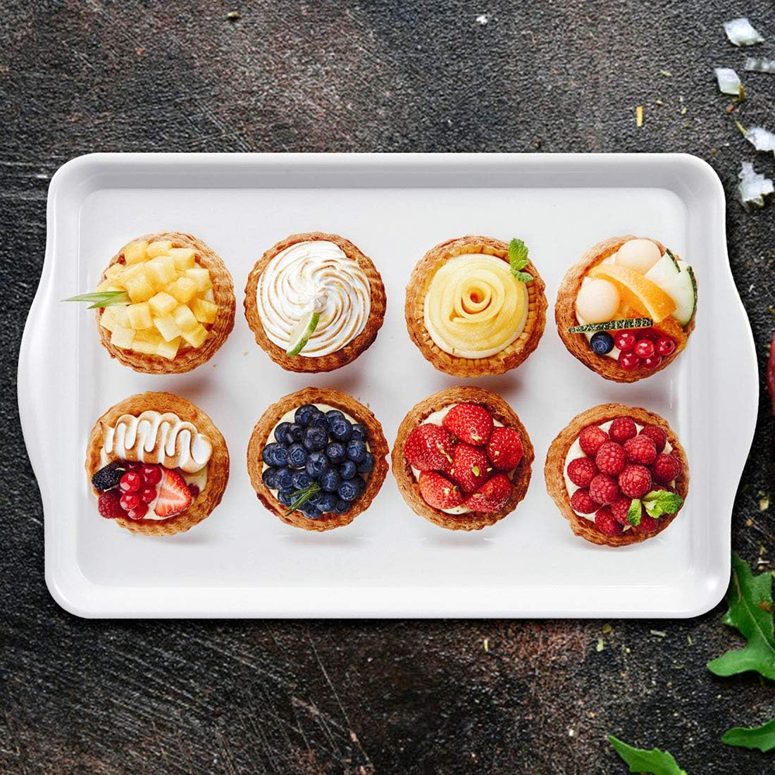 i BKGOO White Melamine Tray,Set of 3 Large Rectangular Serving Platters,Sturdy Foodserving Tray with Ear Size 15 x9.5x1 inch