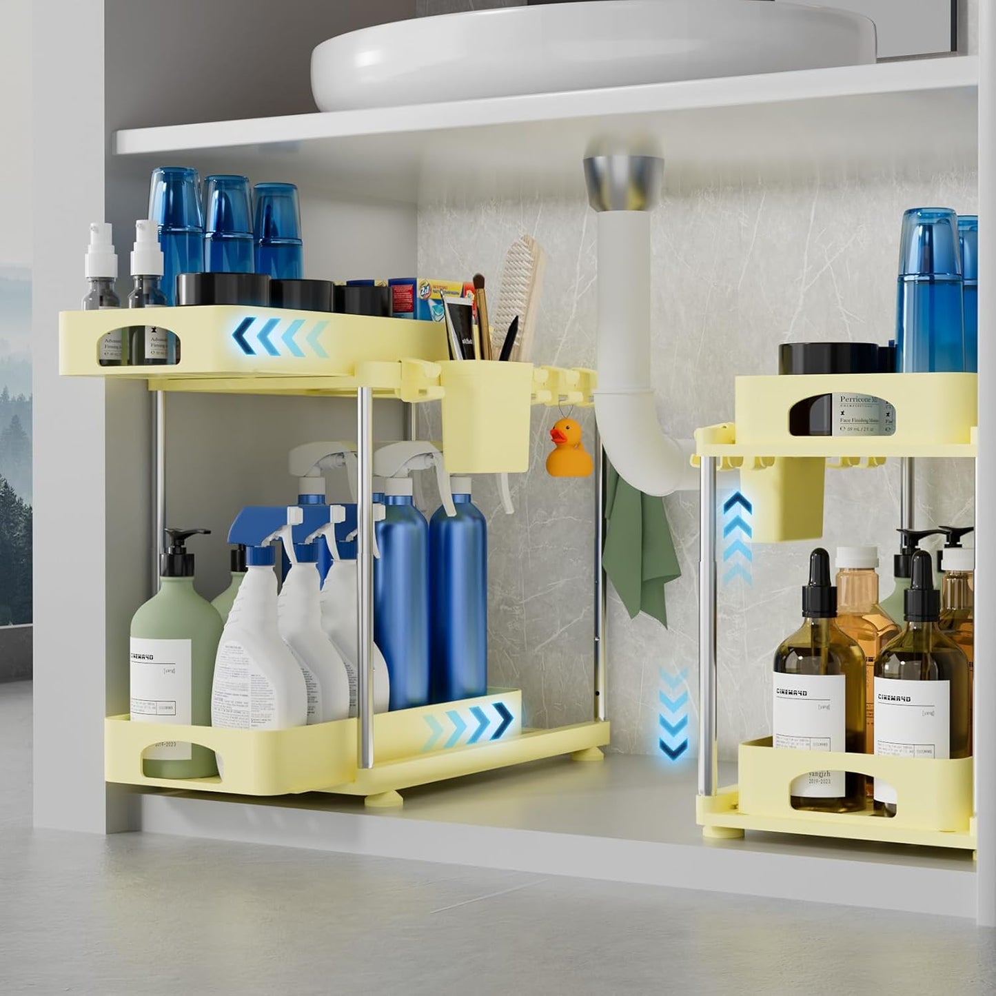 2 Pack Under Sink Organizers and Storage, Height Adjustable Bathroom Cabinet Organizer, 2 Tier Under Sink Organizer with Hooks, Under Cabinet Organizer for Kitchen Bathroom (Yellow
