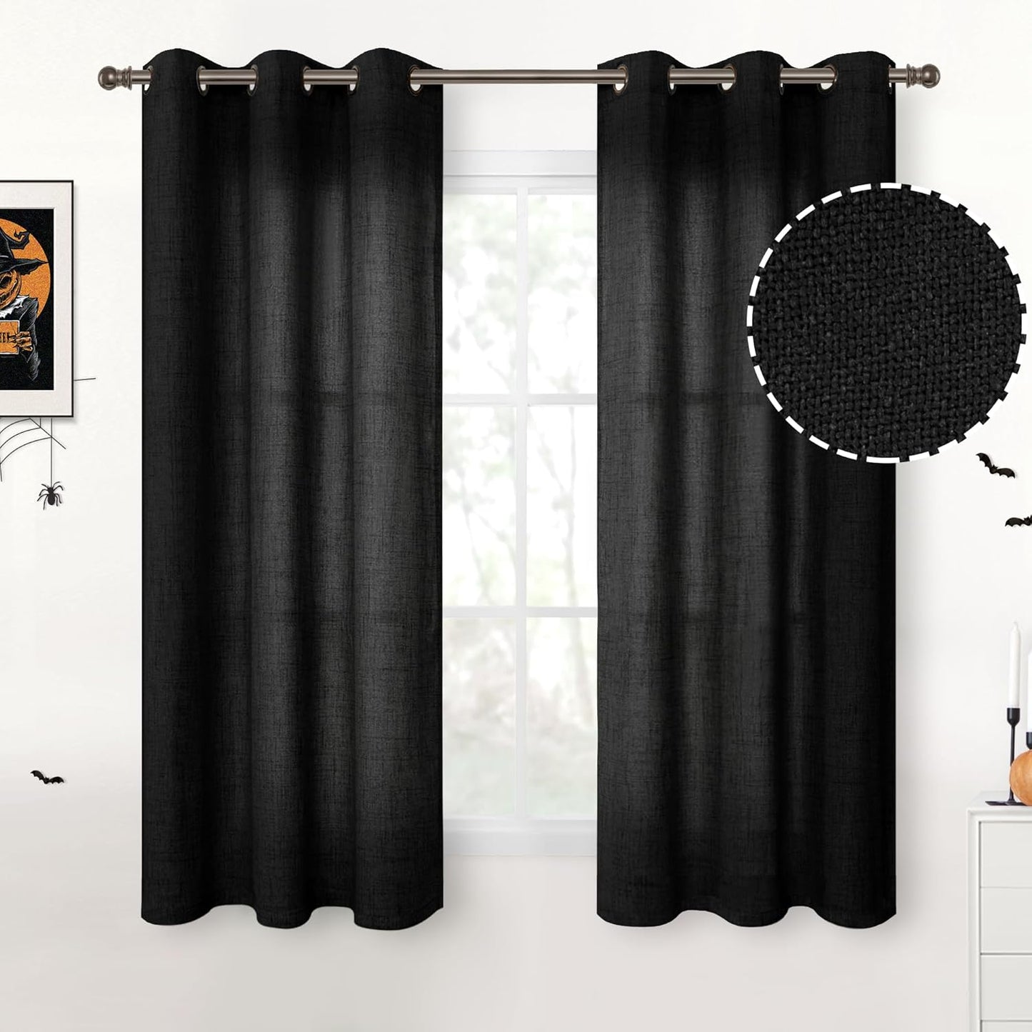 YoungsTex Short Linen Curtains 45 Inches Length, Light Filtering Burlap Textured Small Window Drapes with Bronze Grommet Privacy for Kitchen Bedroom Living Room, Black, 42 x 45 Inch, 2 Panels