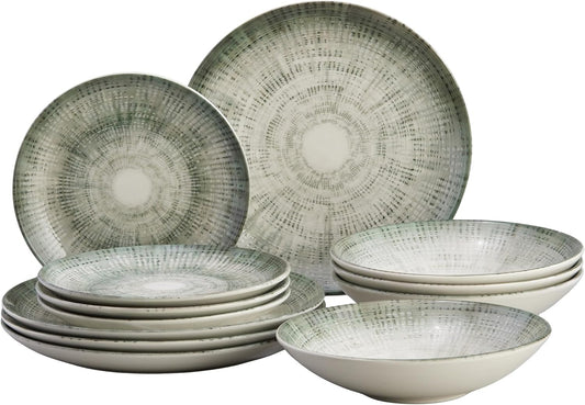 Corona 12-Piece Textured Modern Textured Finish Ceramic Dinnerware Sets, Plates and Bowls, Service For 4, Microwave and Dishwasher Safe, Elara