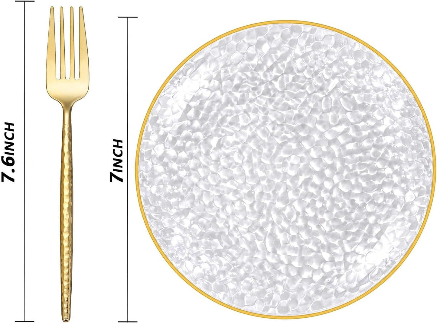 Rubtlamp 200 Pcs Clear Gold Dessert Plates 7" with Forks 7.6",Clear Plastic Hammered Platos, Dessert Plates Disposable, Heavy Duty Party Platos Include 100platos and 100forks for Party&Birthday
