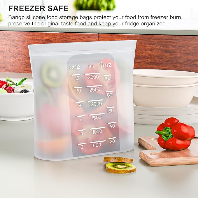 Bangp Premium Silicone Reusable Food Storage Bags,4 Pack(100oz, 50oz, 30oz,15oz),New Generation Stand Up Zip Freezer Bags,Sandwich Snack Bags,Healthy Food Storage Containers,Leak-free,Dishwasher Safe