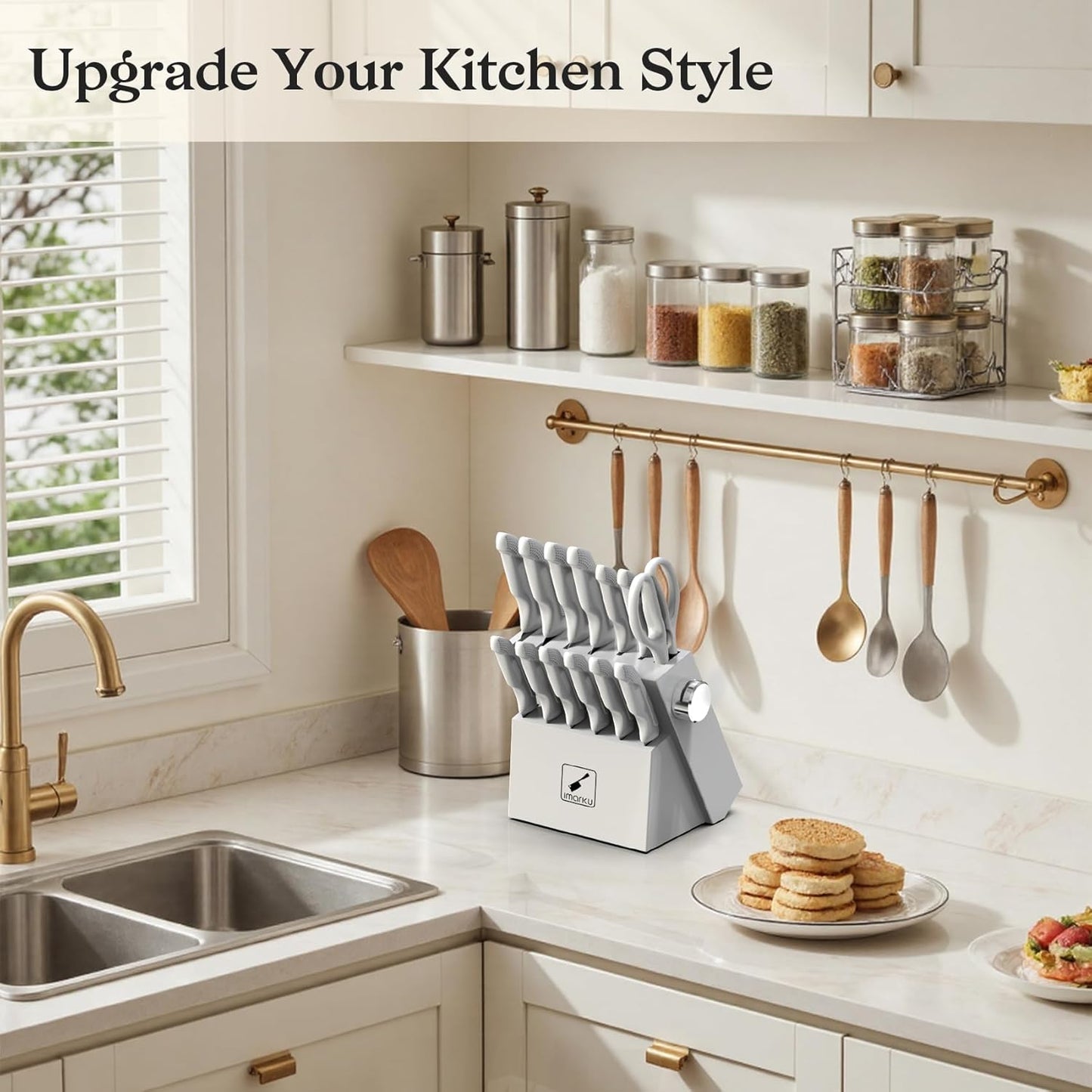 imarku Kitchen Knife Set, Japanese Knives Set For Kitchen, Stainless Steel Knife Set With Block, Deba Knives For Fish/Meat Slicing, Kitchen Essentials, White, Anti-Slip Handle, Dishwasher Safe