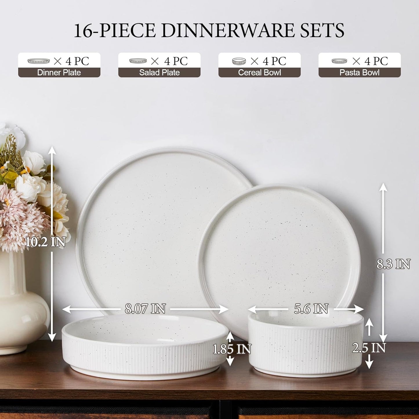 E-far 16 Piece Dinnerware Sets, Plates and Bowls with Pasta Bowls Service for 4, Modern Stoneware Ribbed Dishes for Kitchen Dining, Microwave & Dishwasher Safe, Speckled White