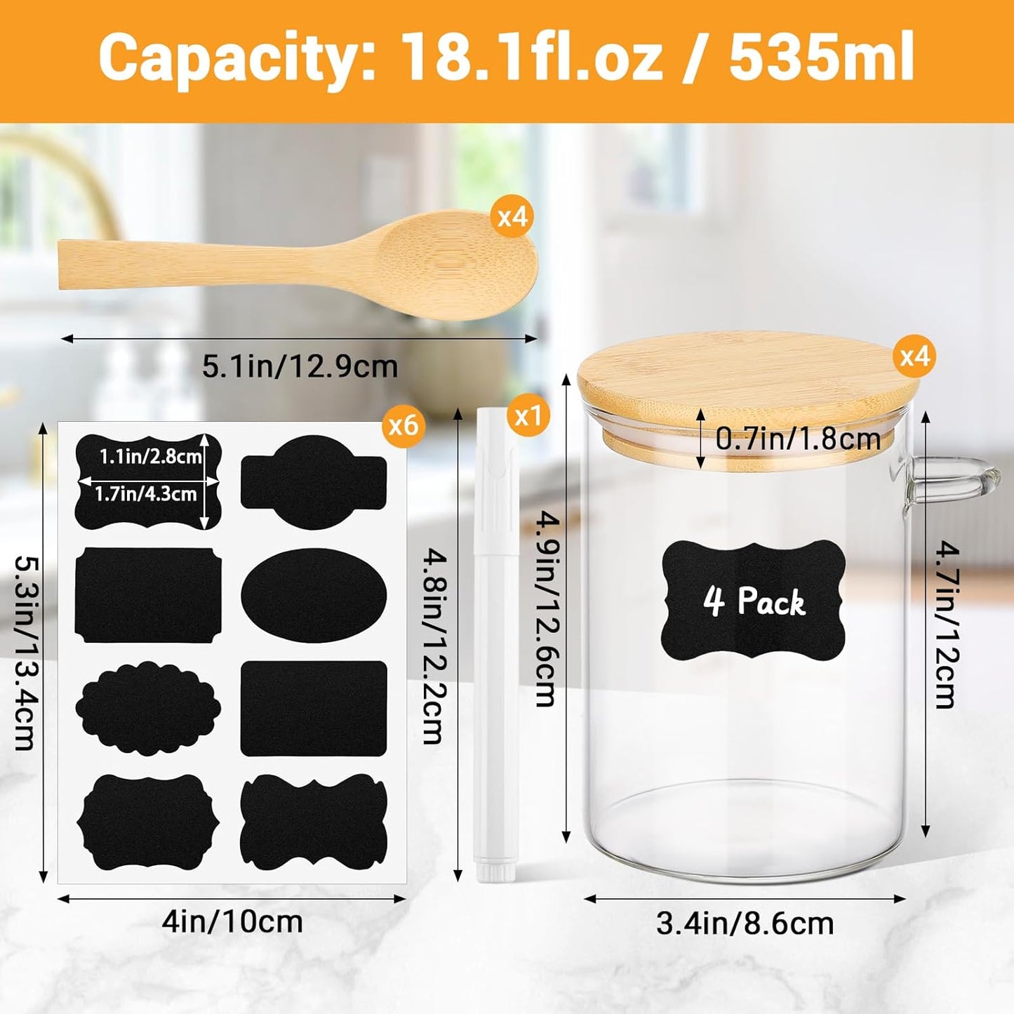 Glass Jars with Airtight Lid - 4 Pack 18 Fl.oz Round Glass Jar with Bamboo Lids and Spoon, Includes Labels and Marker, Coffee Sugar Containers for Spice, Oats, Candy, Cookies, Tea Canister
