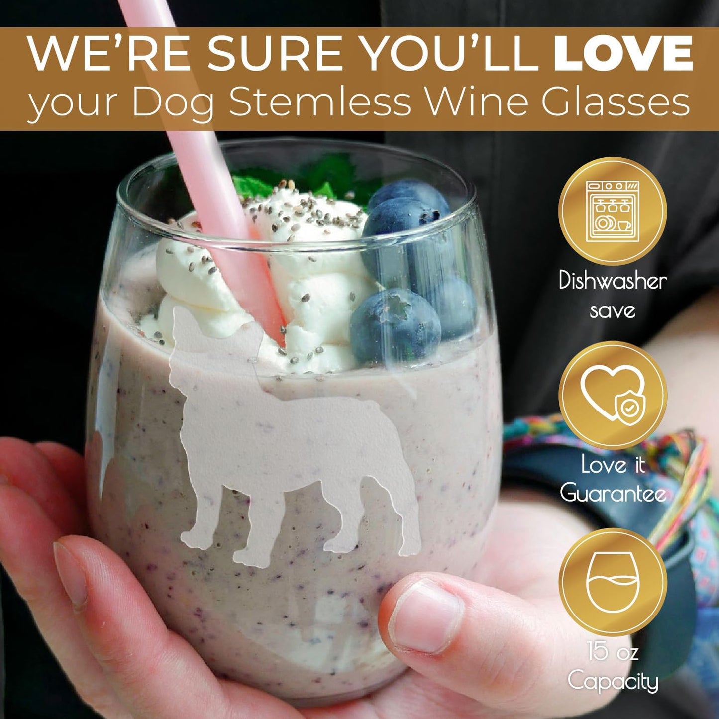 Greenline Goods French Bulldog Stemless Wine Glasses (Set of 2) - Unique for Dog Lovers - Etched 2-Sided Frenchie Silhouette with Breed Name on the Bottom