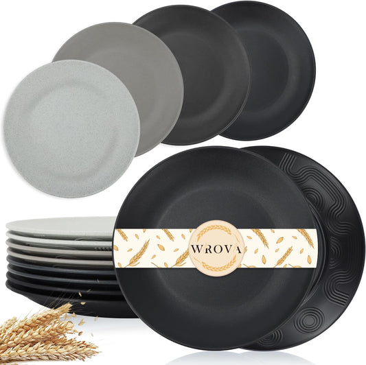 Wrova Wheat Straw Dinner Plates 9 Inch Unbreakable Set of 8 - Dishwasher & Microwave Safe Plastic Plates Reusable - Lightweight Plates for Kitchen,Camping,Apartment,Dorm,RV,Party - Black to Grey