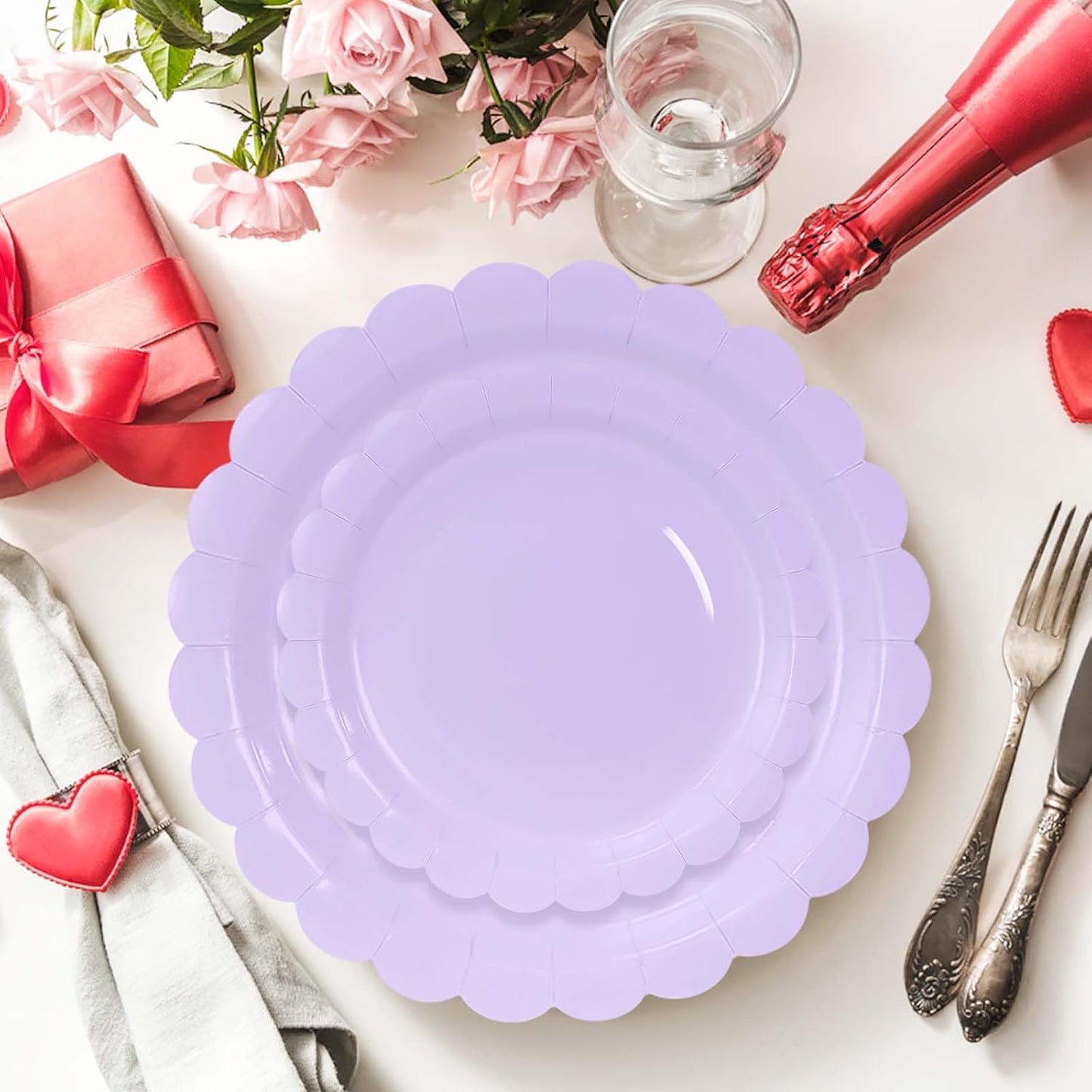 50 Pcs Light Purple Scalloped Paper Plates 25 × 7'' and 25 × 9'' Disposable Lavender Scalloped Dinner Plates for Wedding Baby Shower Birthday Party Disposable Dessert Plate