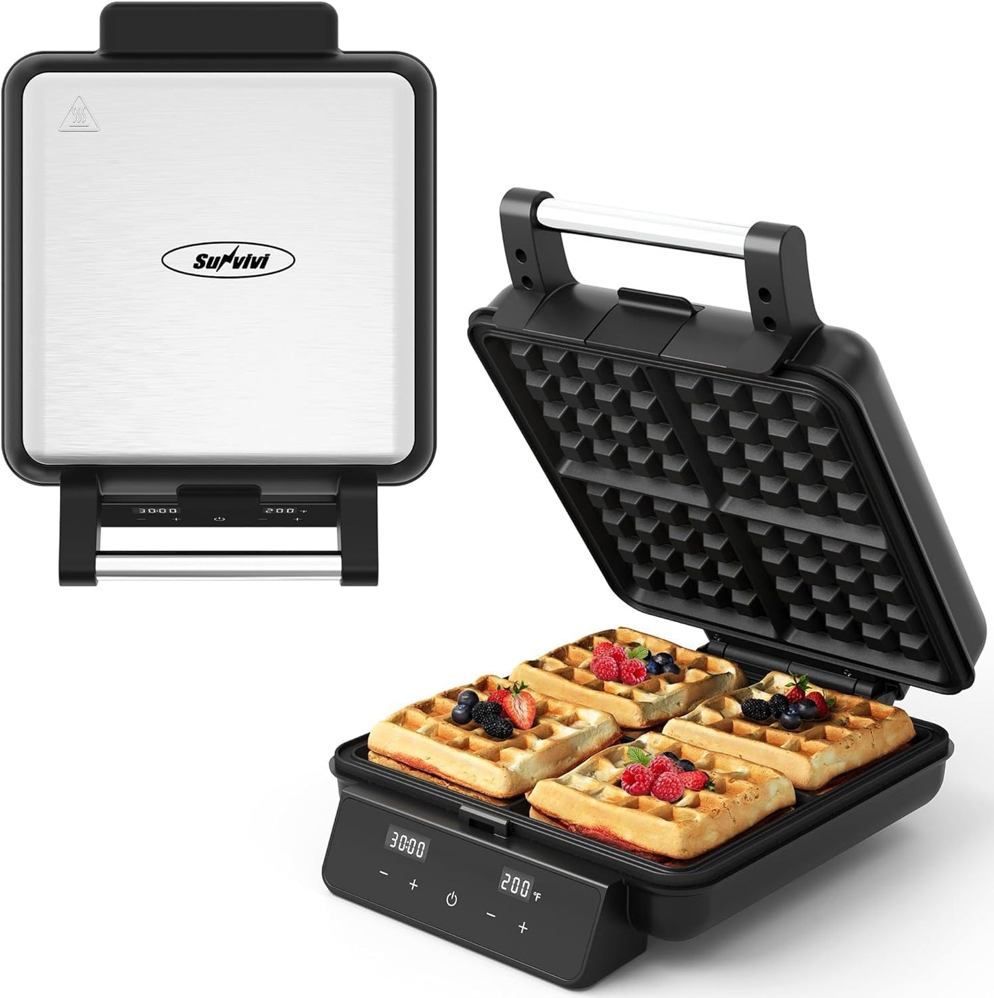 4-Slice Waffle Maker with Nonstick Surface, 1200W Waffle Iron, Time & Temperature Control, LCD Display, Perfect Waffle Maker for Kids and Families, Stainless Steel, Silver