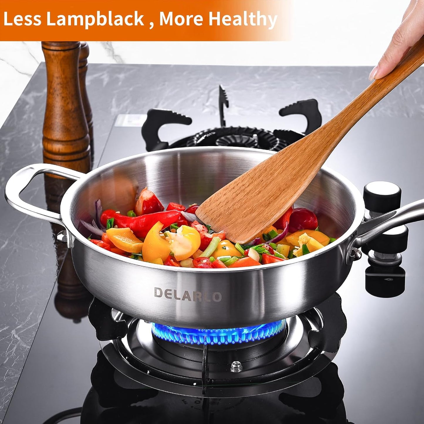 DELARLO Tri-Ply Stainless Steel 10 Inch Frying Pan,3 Quart Sauté Pan with lid,Compatible with All Cooktops,Oven Up to 660℉,Chicken Fryer,Dishwasher-Friendly