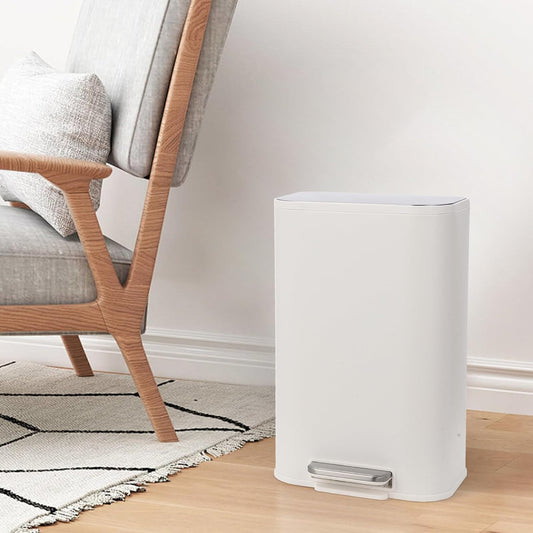 Trash Can with Lid, 5.3 Gallon Stainless Steel Garbage Bin for Kitchen, Rectangular Trash Can with Step-On Pedal and Inner Bucket for Home Office Bathroom Living Room (20 L, White)