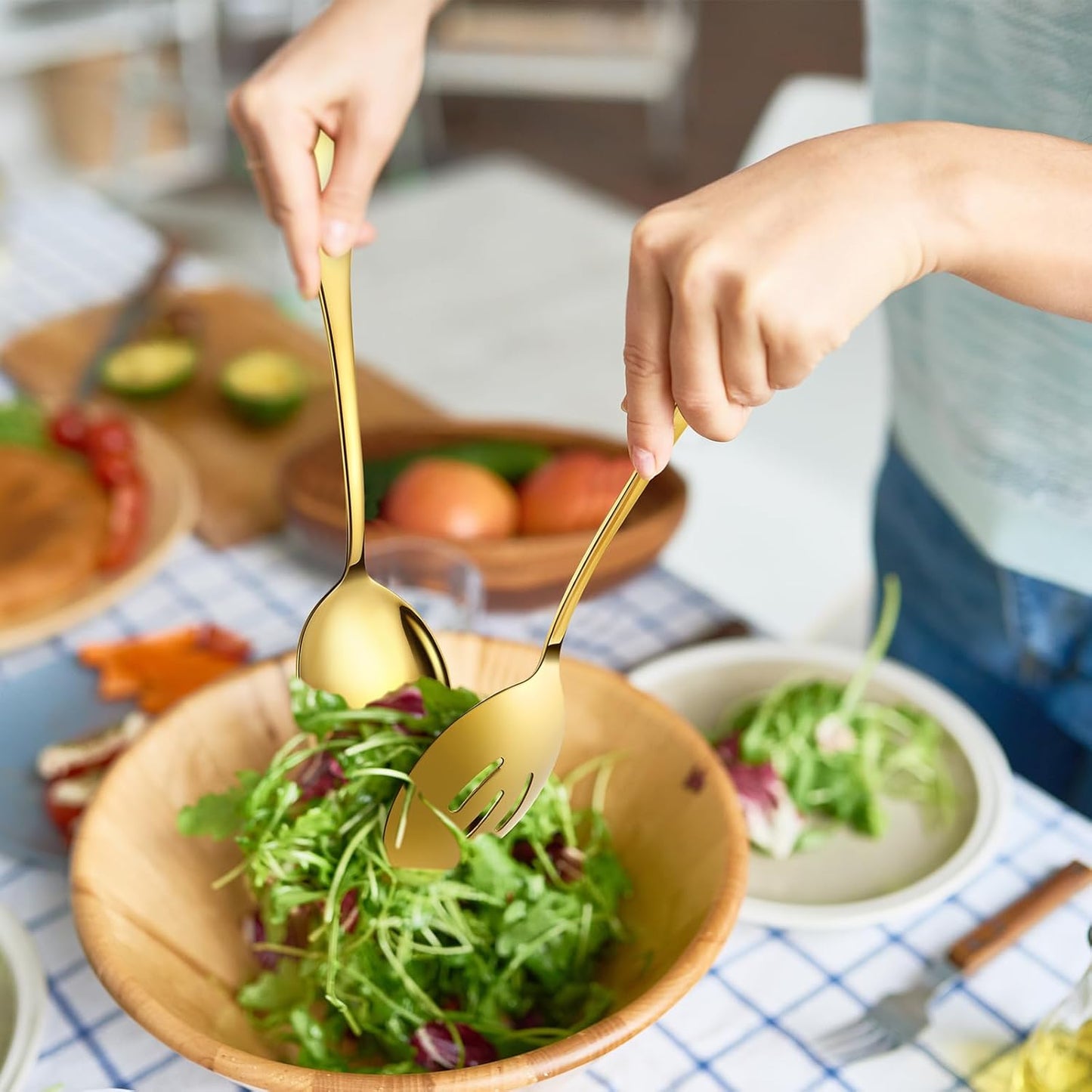 Stainless Steel Serving Spoons Set, 8pc, 10-Inch, Includes 4 Large, 4 Slotted, for Parties/Kitchen/Buffet/Catering, Dishwasher Safe, Gold