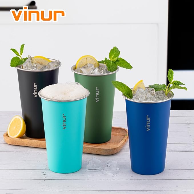 VINUR 4 Pack Stainless Steel Cups 20 oz Pint Tumbler Stackable Metal Drinking Glasses for Travel, Camping, Outdoors (Green-Black-Teal-Navy)