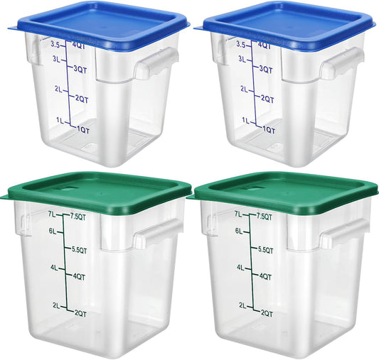Lallisa 4 Pcs 8 Qt and 4 Qt Clear Food Storage Containers with Lids, Handles and Scales, Commercial Grade Square Containers Polycarbonate Air Tight for Home Storage Kitchen Restaurant(Blue, Green)
