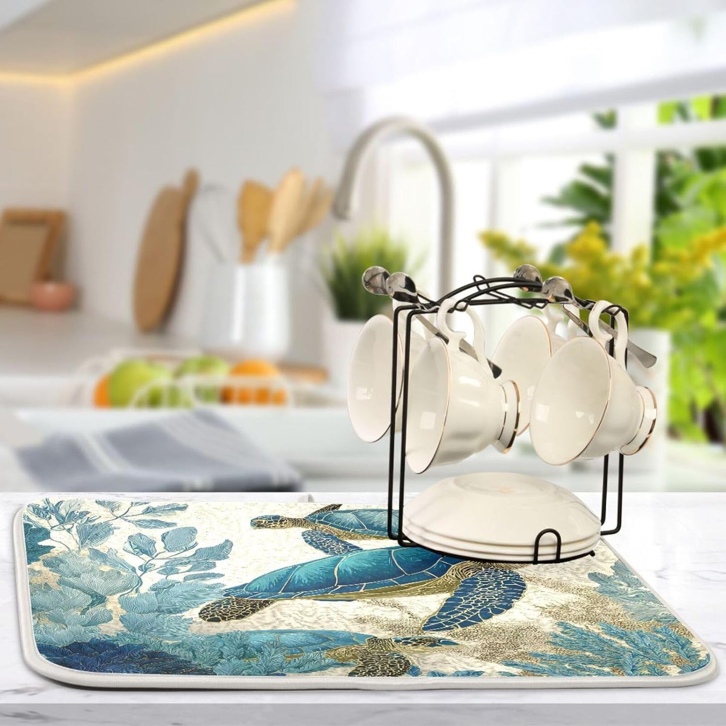 Watercolor Sea Turtle Dish Drying Mat Super Absorbent Drying Mat 16x18 inch Large Dish Drying Mats for Kitchen Counter Dish Drying Pads Kitchen Drying Matt for Countertop