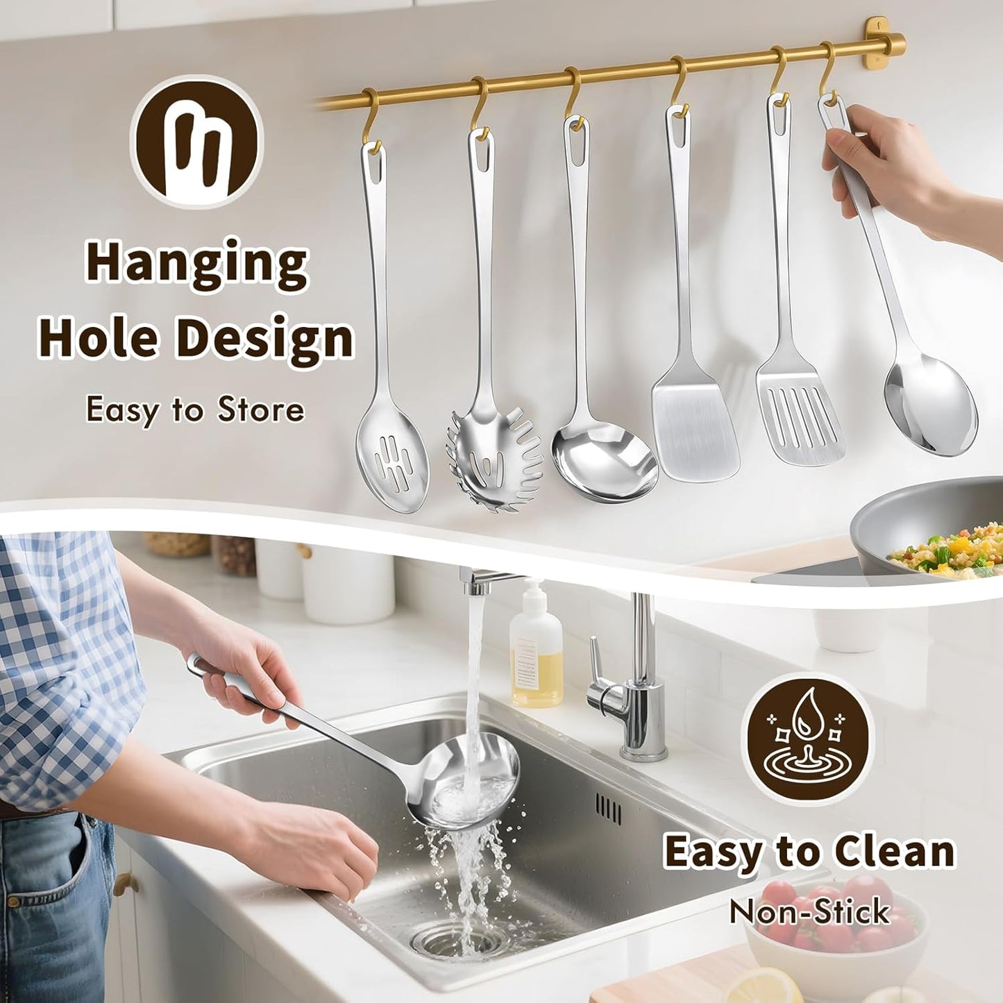 6 Pcs Cooking Utensils Set, Stainless Steel Kitchen Utensils, Heat Resistant Metal Kitchen Tools Include Solid & Slotted Turner Wok Spatula, Serving Spoon, Ladle, Pasta Server, Easy to Clean, Silver