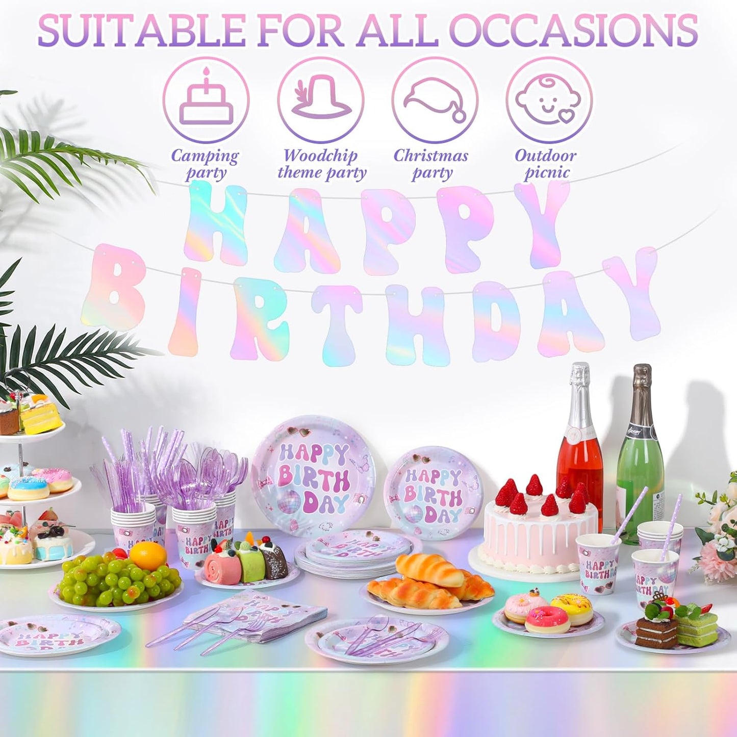 Sawysine 202 Pcs Iridescent Happy Birthday Party Supplies Disposable Dinnerware Set 50 Plates 25 Cups 25 Napkins 25 Plastic Forks 25 Knives 25 Spoons 25 Straw Flag Tablecloth to Serve 25 Guests
