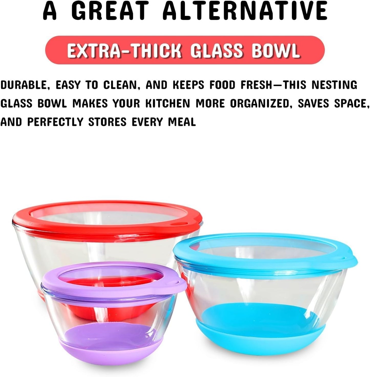 Glass Mixing Bowls Set of 3 with BPA-Free Airtight Lids, Large Nesting Bowls with Non-Slip Silicone Base, Ideal for Food Storage, Dishwasher & Microwave Safe, 2, 1, 0.5 QT Purple Blue Red