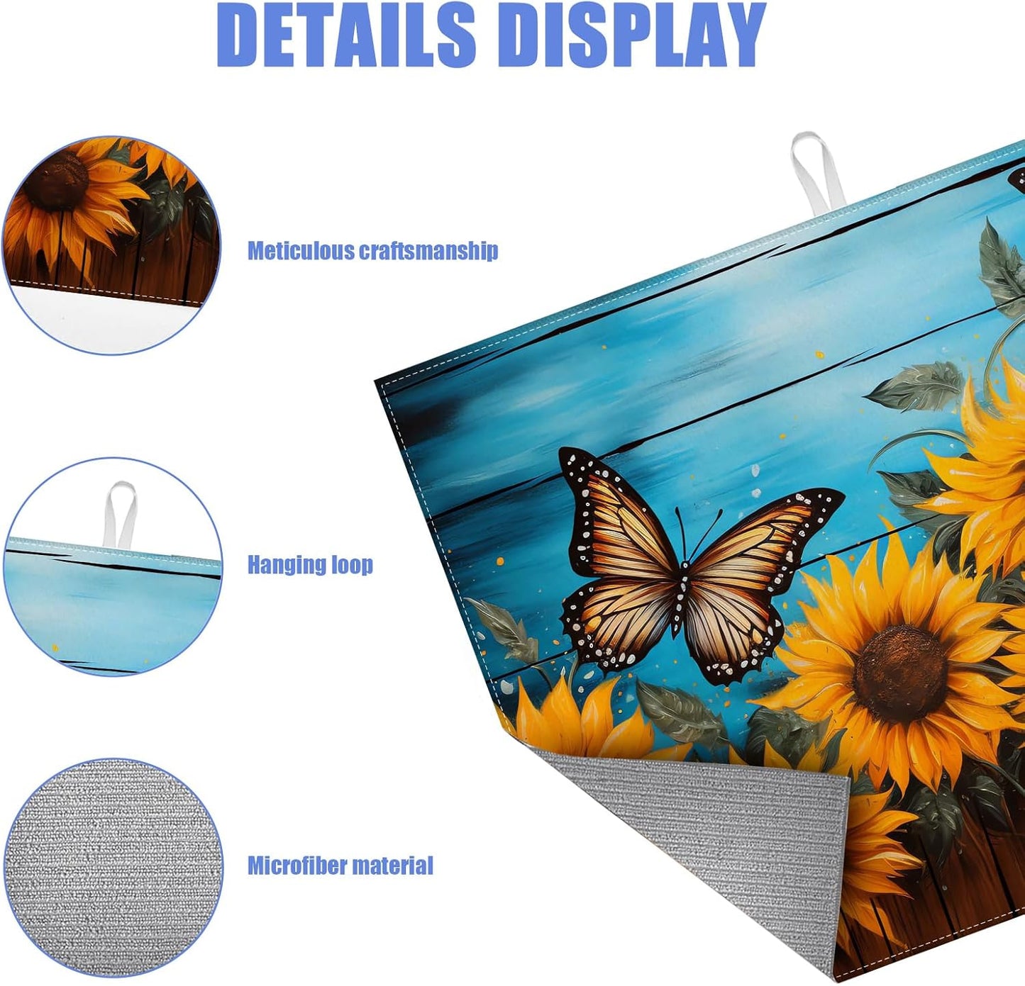 Sunflower Butterfly On Wooden Board Dish Drying Mat for Kitchen Counter Drying Pad Absorbent Reversible Dish Drainer Rack Mats Draining Pad 18"x24"Inch