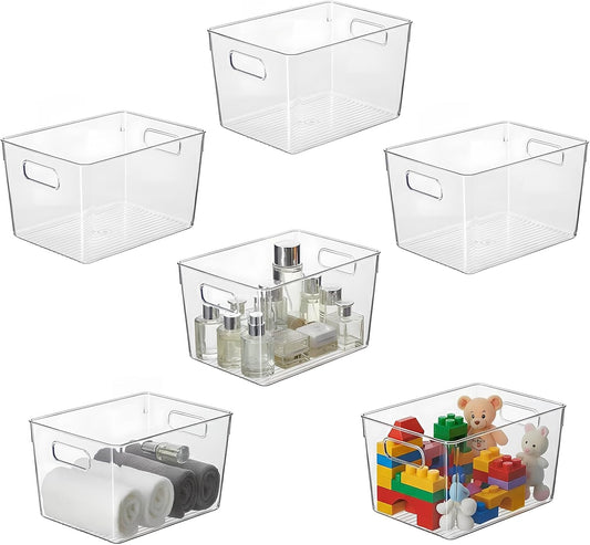 Clear Pantry Organizer Bins, Storage Containers & Plastic Containers with Handle, Cabinet Organizer, Home Organization Must Haves for Kitchen, Laundry Room, Office, Closet & Freezer (6 Pack)