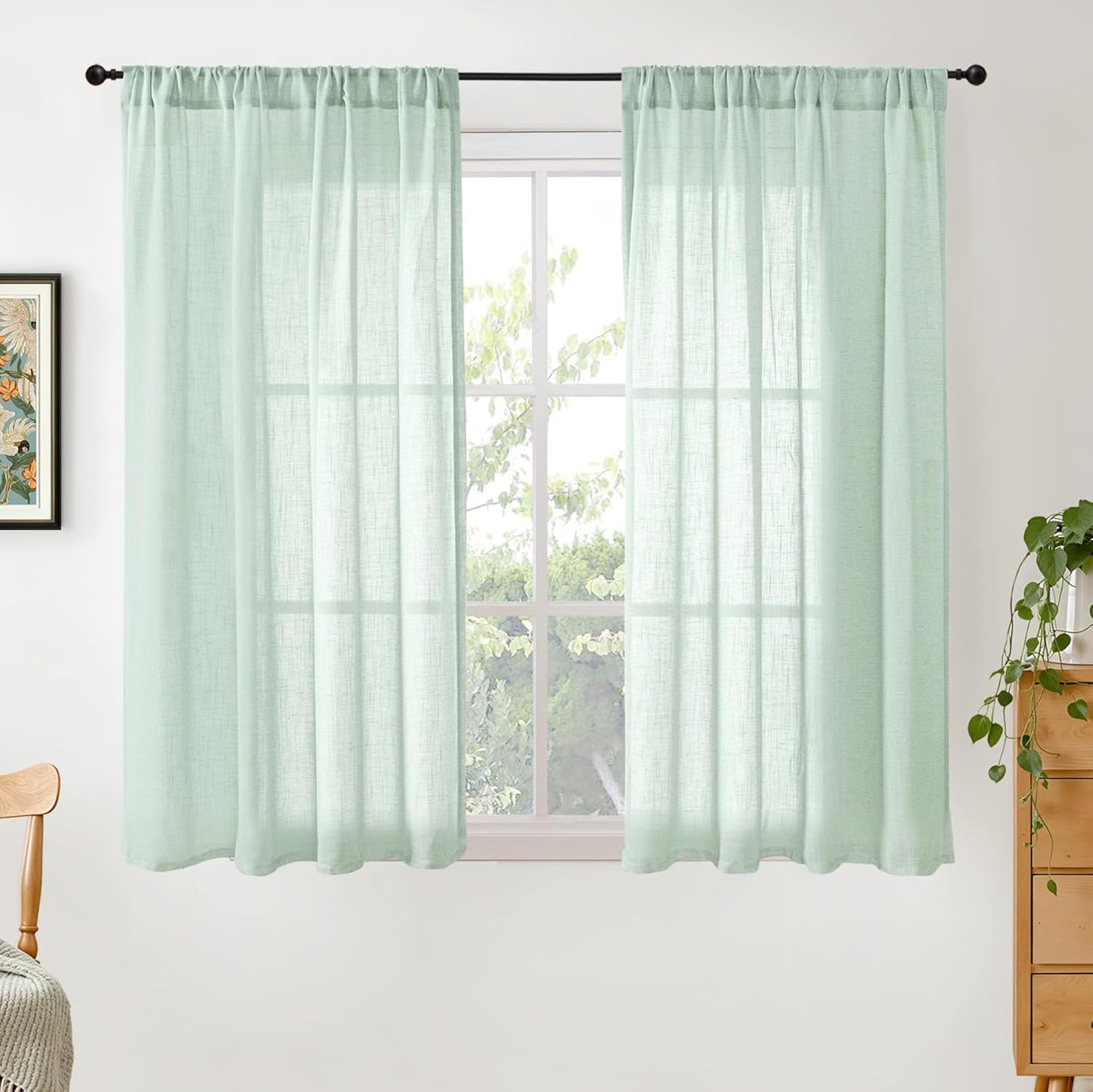 BGment Short Sage Green Curtains 45 Inch Length for Kitchen Cafe Windows - Small Natural Linen Drapes Lightweight Boho Rustic Country Decor for Over Sink with Rod Pocket, 2 Panels Set, 42 X 45 Inch