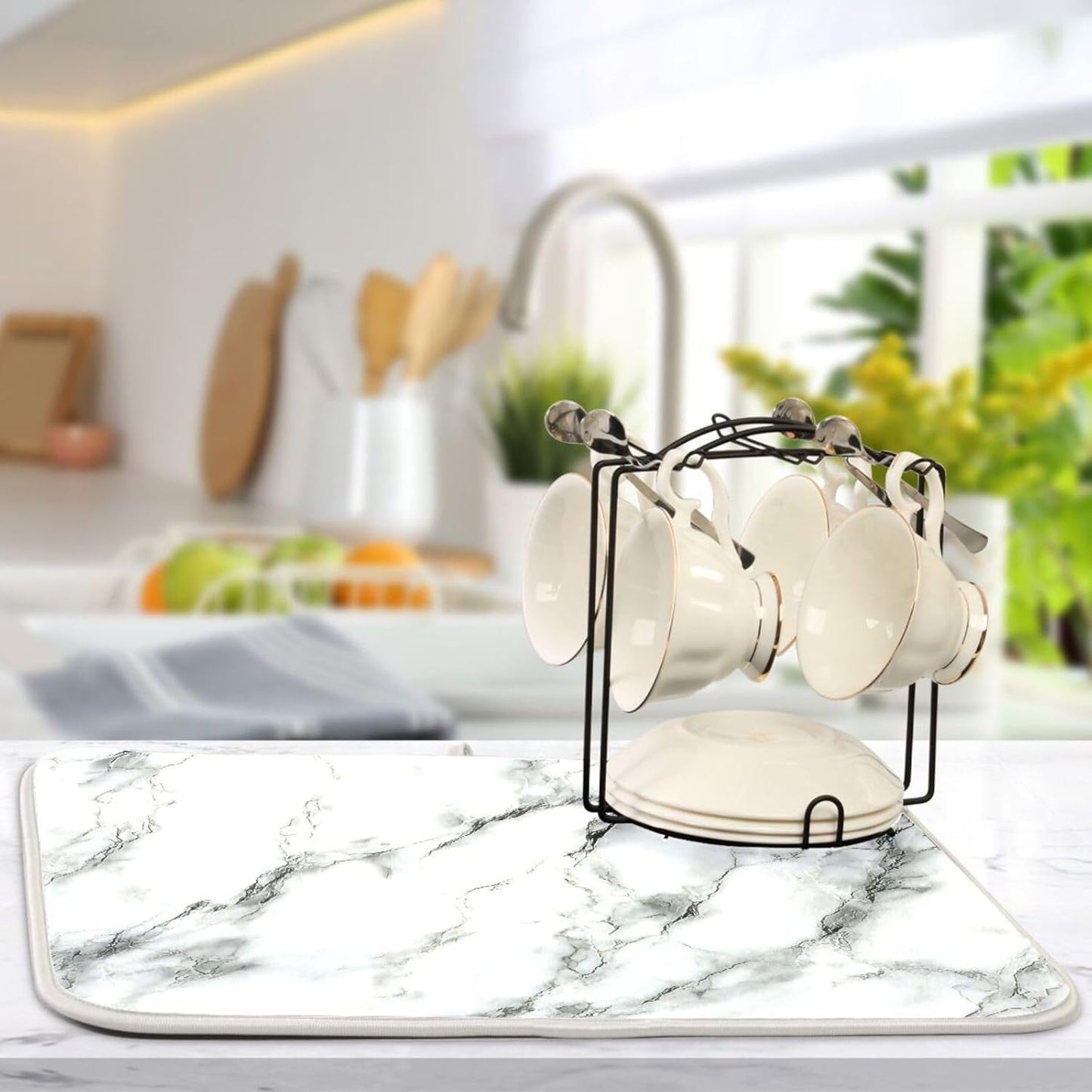 White Marble Pattern Dish Drying Mat for Kitchen Counter Super Absorbent Dishes Pad Reversible Microfiber Protector Dish Draining Mats 16x18 inch