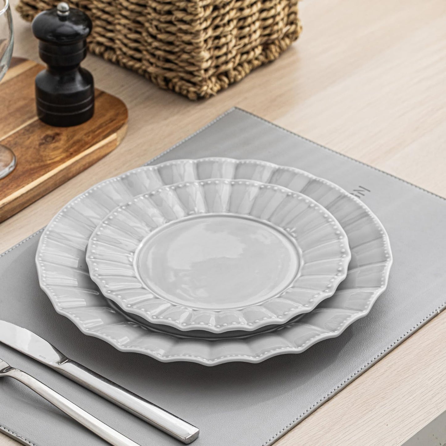 Dinnerware set, 12 Piece plates and bowls sets for 4, Ceramic Modern dish set for party, Porcelain dish set, House gift, Microwavable safe, Light Grey