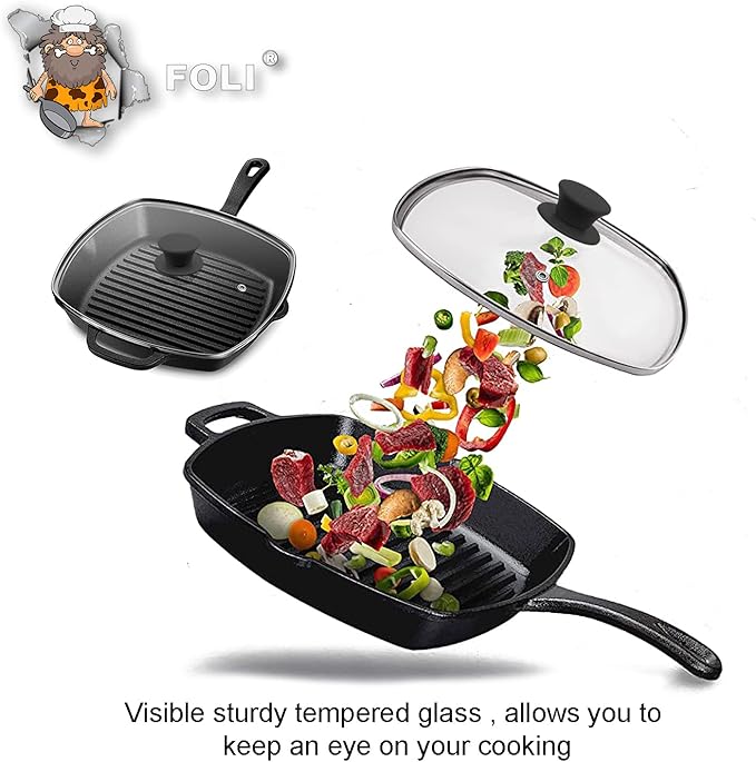 FOLI Square Glass Lid for Grill Pans with Steam Vent Hole - Fits Lodge Cast Iron Skillets 10.5inch/26.67cm Silicone Potholder- Square Tempered Glass Lid - Universal Replacement Cover Silicone Knob