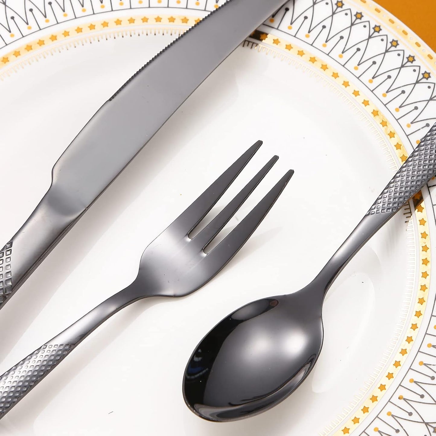 A·HOUSEWARE Black Silverware Hammered Flatware Kichen Stainless Steel Cutlery Set for 4 include Metallic Forks Knives Spoons 20 Pieces Utensils Restaurant Parties Everyday Use