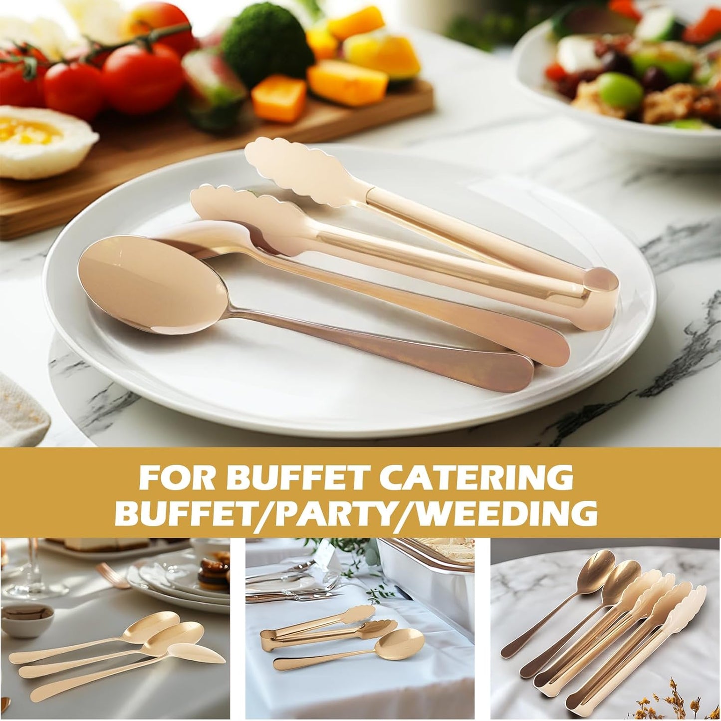 12PCS Stainless Steel Serving Utensils Sets with 8 Large Serving Spoons,4 Serving Tongs,Gold Serving Utensills Sets for Buffet Catering Banquet Party (Gold)