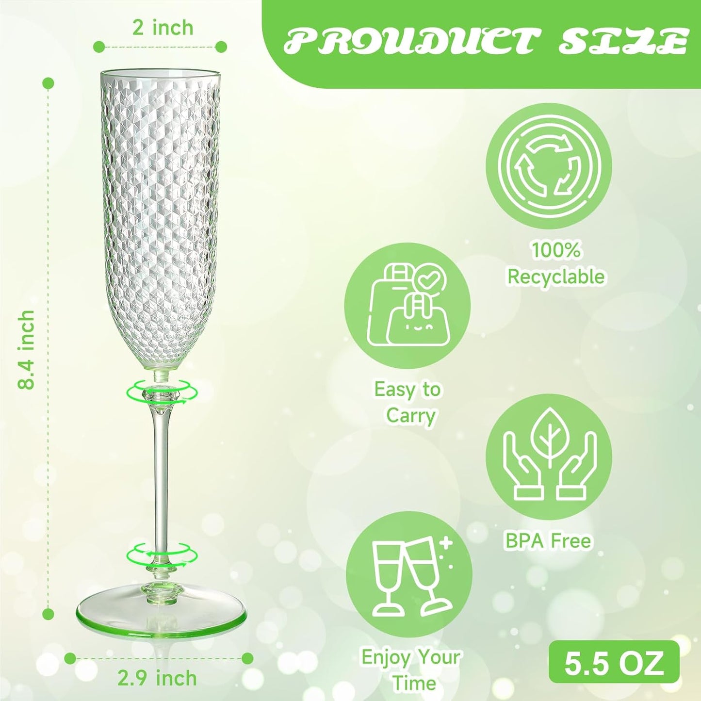 XUWAIDSGN 24 Pack Green Detachable 2 piece Champagne Flutes 5.5 Oz Unbreakable Plastic Mimosa Disposable Champagne Glasses Drinking Cups Stemmed Reusable Wine Toasting Glasses for Wedding