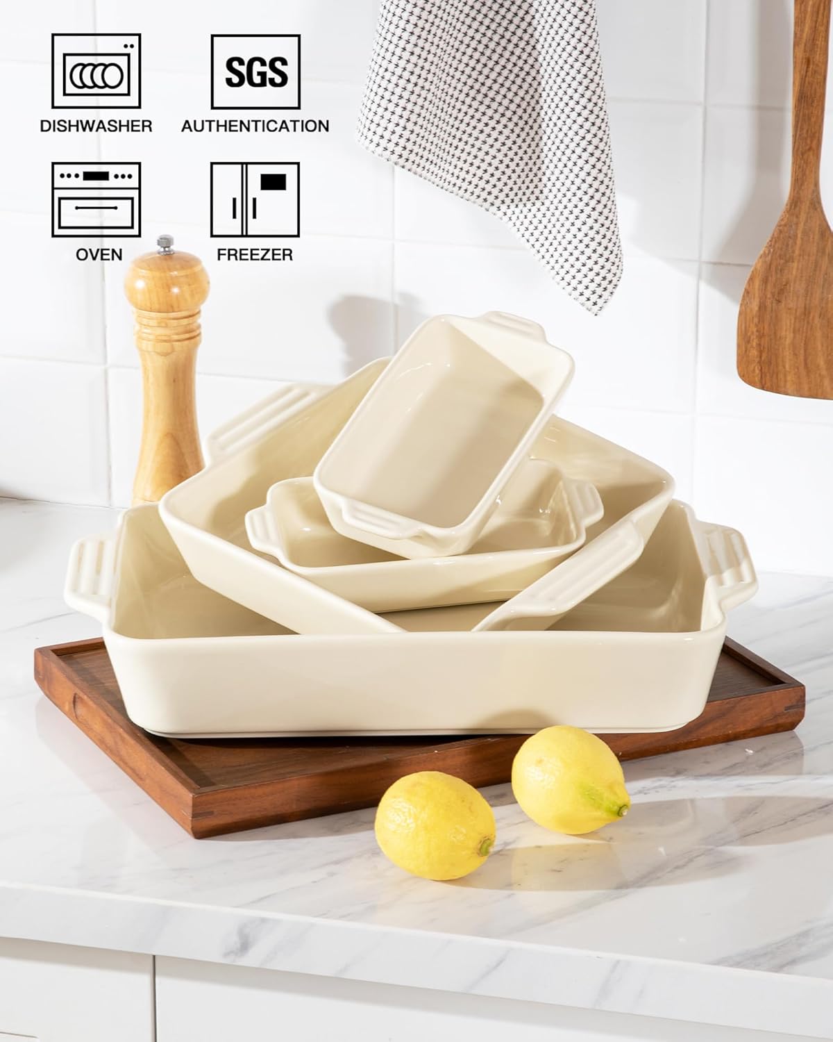 Sweejar Ceramic Bakeware Set of 4, Casserole Dishes for Oven, Rectangular Baking Dish with Handles, Lasagna Pans Deep for Cooking, Gratin, Roasting, Banquet and Daily Use (Beige)