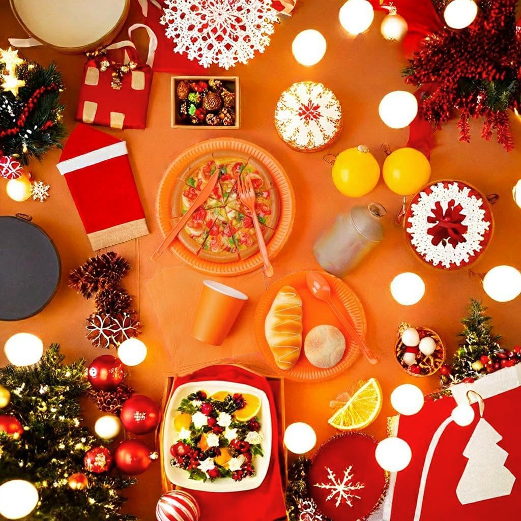 210pcs Orange Paper Plates Disposable Tableware Party Supplies- Includes 9" Dinner Plates, 7" Dessert Plates, 9oz Paper Cups, Napkins, Plastic Forks, Knives And Spoons For All Holiday Parties