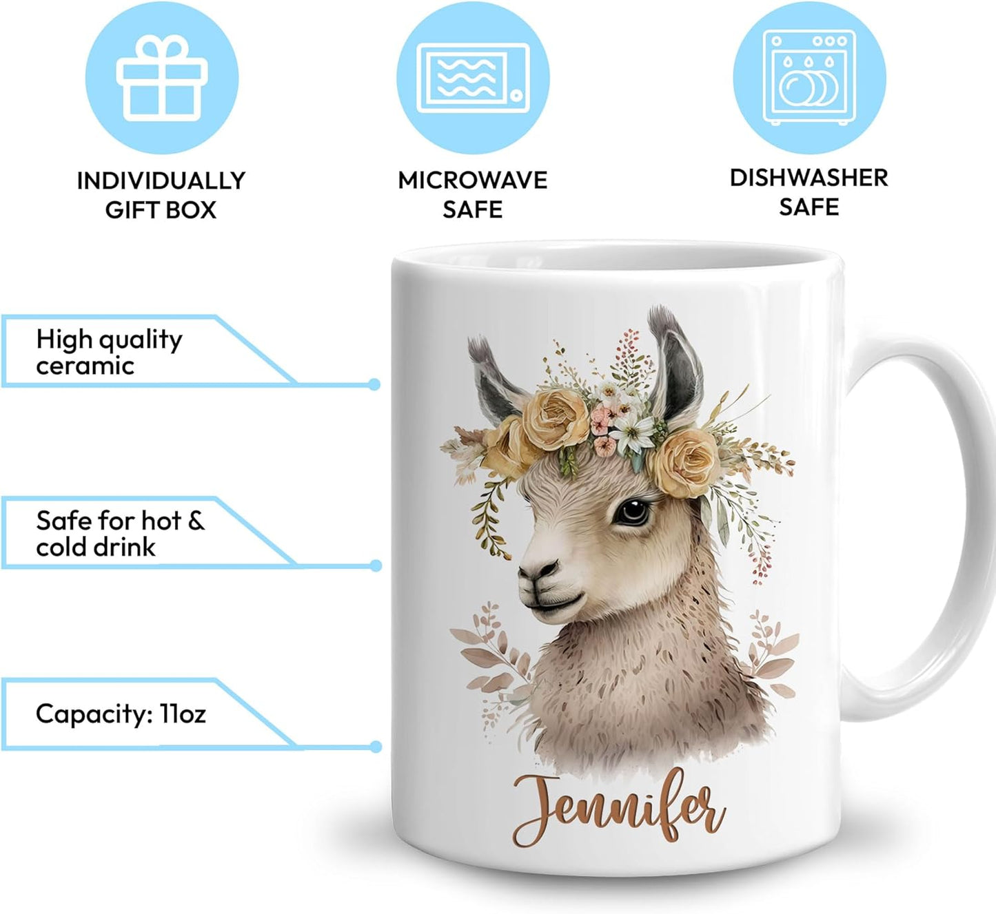 Hyturtle Personalized Gifts Llama Lover - Just A Girl Who Loves Llamas Custom Name Ceramic Coffee Mug Cup 11oz - Idea Cute Animal Lover Gifts For Women, Girl Daughter On Birthday, Christmas
