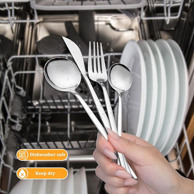 Meraki 24 Flatware Set Silverware Stainless Steel Flatware Utensils Cutlery Set Including Steak Knife Fork and Spoon for Home, Kitchen and Restaurant, Dishwasher Safe