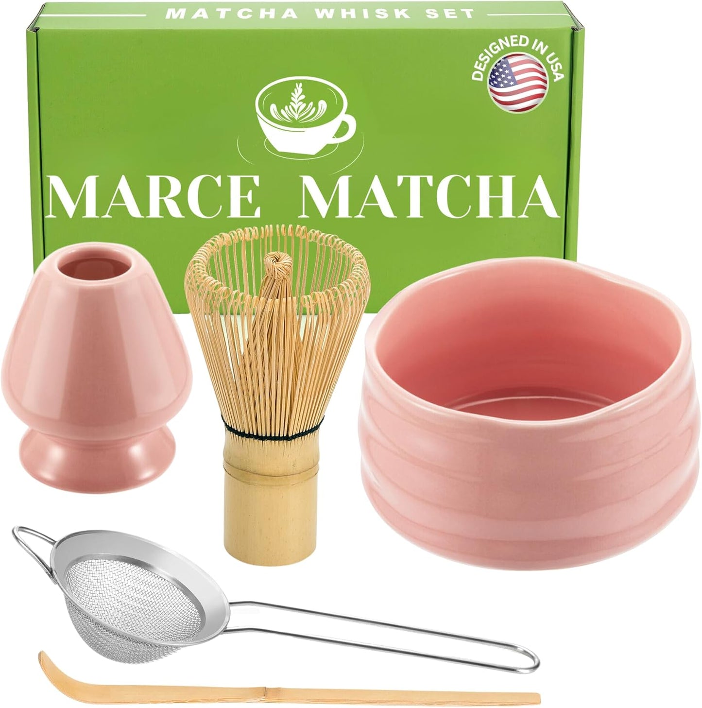 Matcha Whisk Set- Matcha Set includes Matcha Bowl, Sifter, Holder and Scoop- The Perfect Bamboo Whisk for Matcha Tea (Pink)
