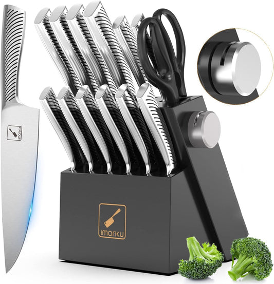 Knife Set, imarku 14Pcs Kitchen Knives Set, Premium Japanese Knife Set with Block, Razor-Sharp High Carbon Stainless Steel Knives Set for Kitchen, Dishwasher Safe, Built-in Sharpener, Black