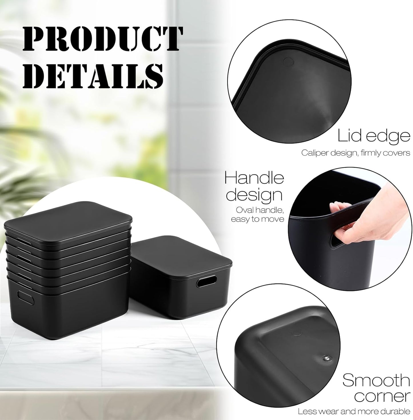 Hoolerry 8 Pieces Colorful Storage Bins with Lid, Plastic Storage Basket Organizing Container Stackable Box with Handle for Shelves Desktop Playroom Office(13.8 x 9.8 x 5.9 Inch,Black)