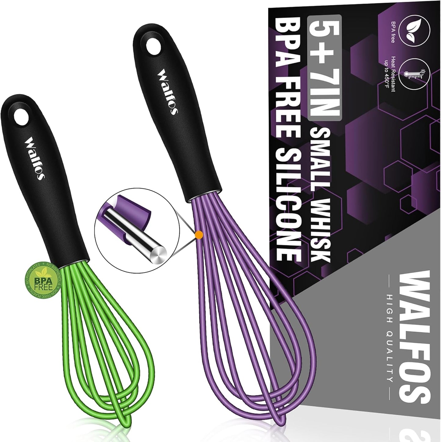 Walfos Whisk,5+7Inch Mini Whisks,Silicone Whisk Non Scratch whisk,Heat Resistant(480°F) Small whisks Suitable for stirring individual eggs and mixing small amounts of powder and sauce. Purple & Green