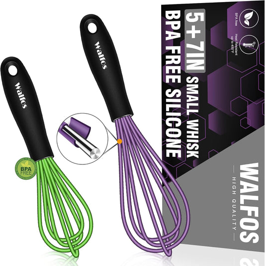 Walfos Whisk,5+7Inch Mini Whisks,Silicone Whisk Non Scratch whisk,Heat Resistant(480°F) Small whisks Suitable for stirring individual eggs and mixing small amounts of powder and sauce. Purple & Green