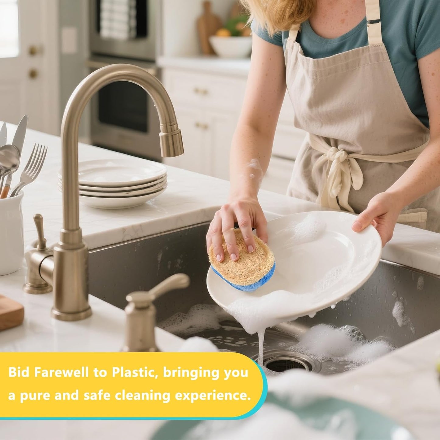 Natural Scrub Sponges Kitchen, Dual-Sided Loofah Dish Sponge - Plastic-Free, Scrubbing Power Without Scratching - 4 Pack Blue