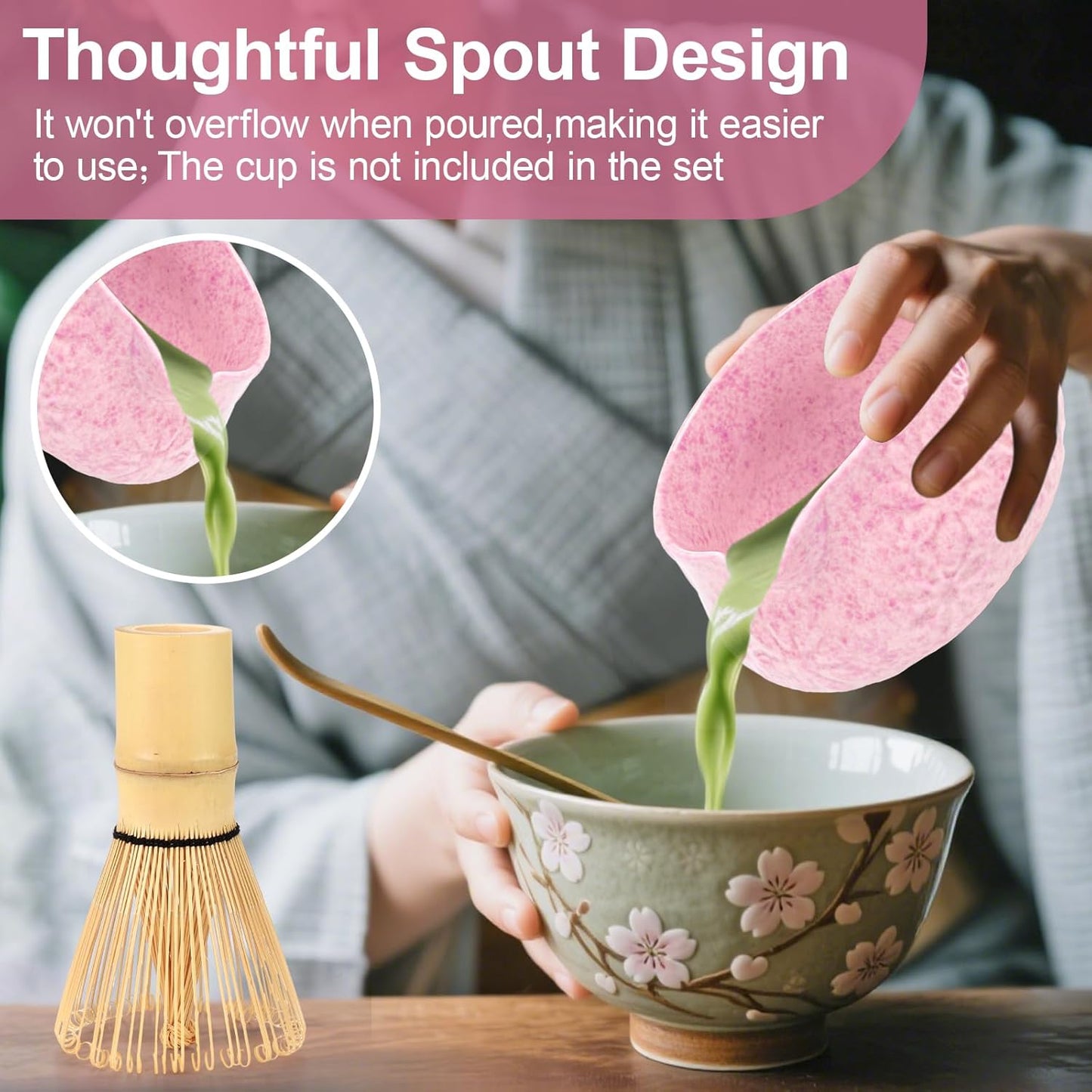 Matcha Whisk Set, 7 Pcs Matcha Kit Includes Matcha Bowl, Whisk and Holder, Bamboo Scoop, Scoop Rest, Sifter and Tea Towel, Gift for Matcha Lover (Pink)