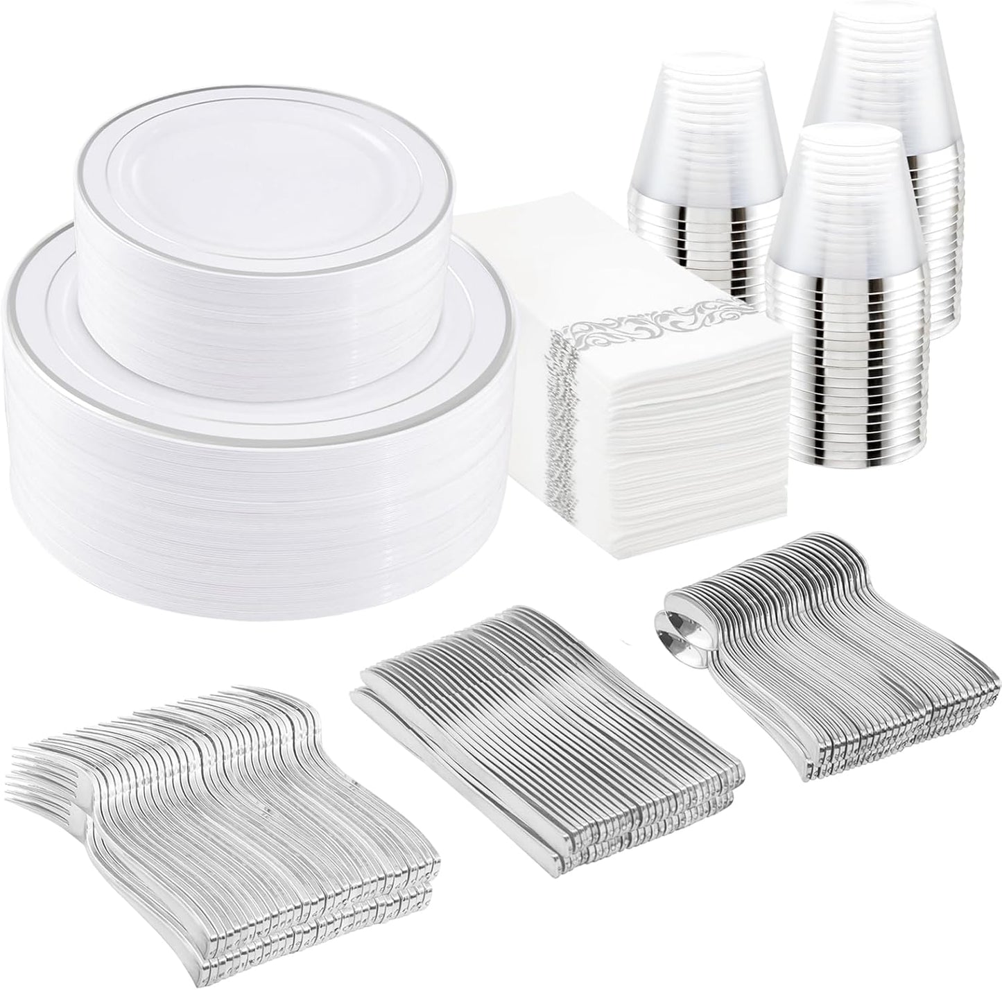 I00000 350Pcs Silver Plastic Dinnerware Set, Plastic Plates Disposable for 50 Guests Include: 100 Silver Rim Plates, 50 Paper Napkins, 50 Cups, 50 Plastic Silverware Set Perfect for Party & Wedding