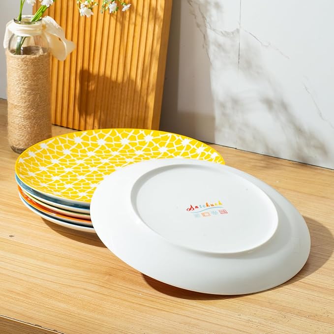 AntoKueh Dinner Plates 10.5 inch Ceramic Dessert Plate Set of 6, Large Size Porcelain Plates for Kitchen,Pizza,Pasta,Dishwasher Safe,Assorted Colorful
